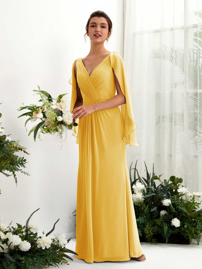Carlyna Fourreau Col V Manches Cape Mousseline Robe de demoiselle d'honneur Jaune Moutard #couleur_jaune-moutard