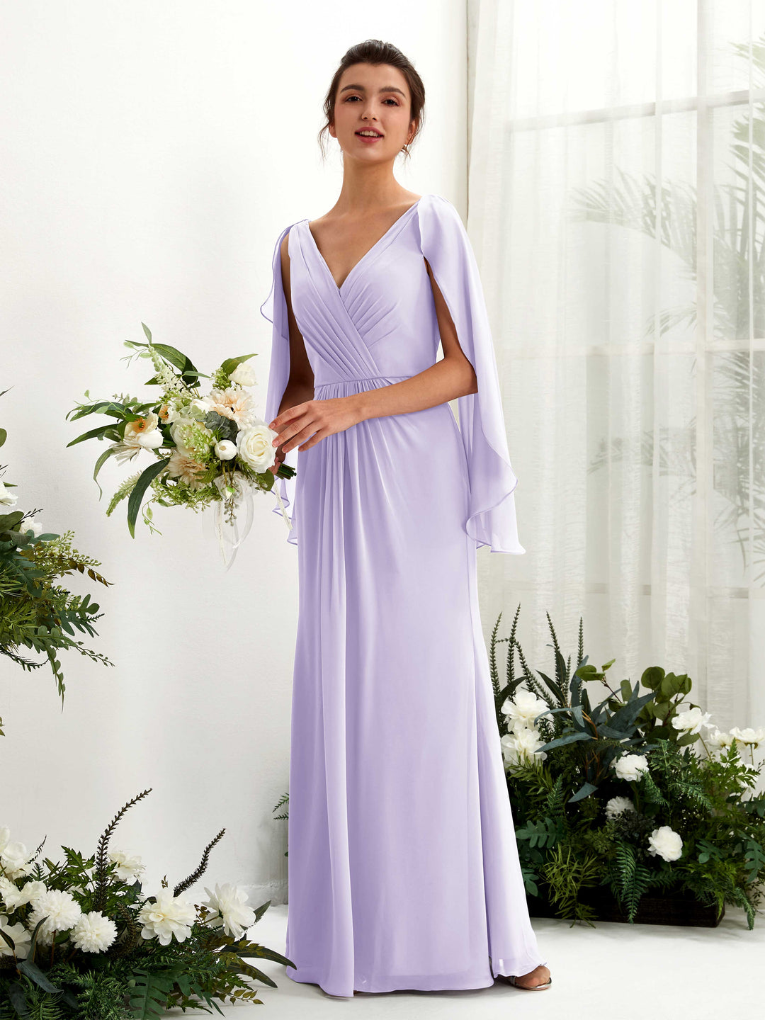 Carlyna Fourreau Col V Manches Cape Mousseline Robe de demoiselle d&