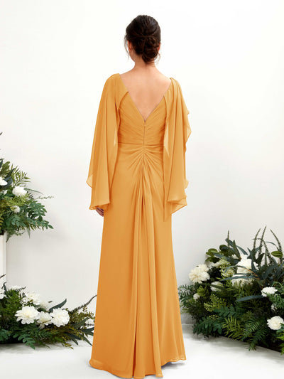 Carlyna Fourreau Col V Manches Cape Mousseline Robe de demoiselle d'honneur Mangue #couleur_mangue