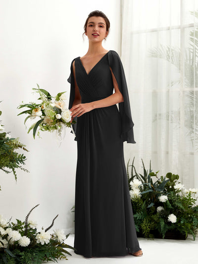 Carlyna Fourreau Col V Manches Cape Mousseline Robe de demoiselle d'honneur Noir #couleur_noir