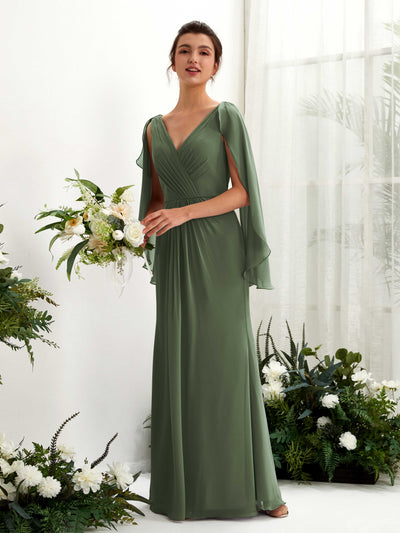 Carlyna Fourreau Col V Manches Cape Mousseline Robe de demoiselle d'honneur Olive Martini #couleur_olive-martini