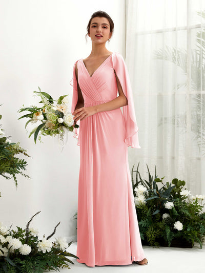 Carlyna Fourreau Col V Manches Cape Mousseline Robe de demoiselle d'honneur Rose Ballet #couleur_rose-ballet