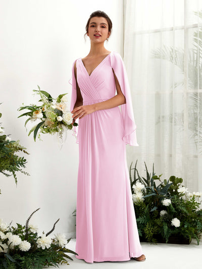 Carlyna Fourreau Col V Manches Cape Mousseline Robe de demoiselle d'honneur Rose Bonbon #couleur_rose-bonbon
