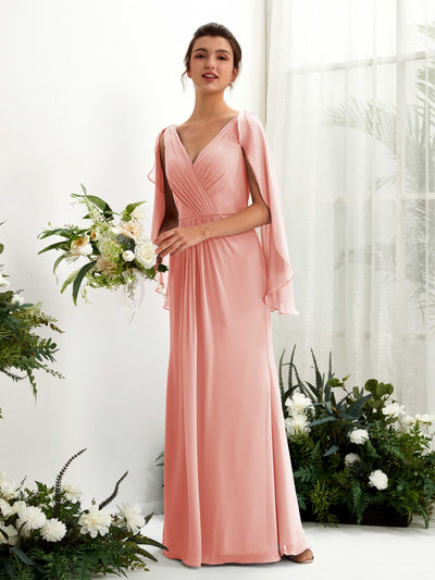 Carlyna Fourreau Col V Manches Cape Mousseline Robe de demoiselle d'honneur Rose Champagne #couleur_rose-champagne