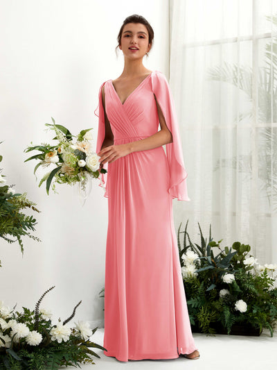 Carlyna Fourreau Col V Manches Cape Mousseline Robe de demoiselle d'honneur Rose Corail #couleur_rose-corail