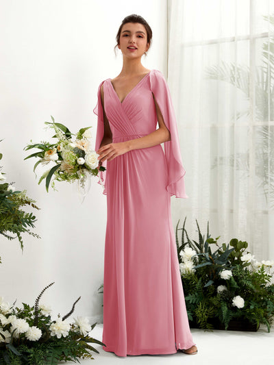 Carlyna Fourreau Col V Manches Cape Mousseline Robe de demoiselle d'honneur Rose Du Désert #couleur_rose-du-d-sert