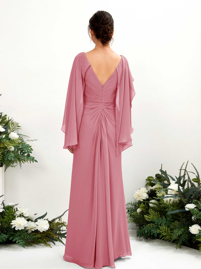 Carlyna Fourreau Col V Manches Cape Mousseline Robe de demoiselle d'honneur Rose Du Désert #couleur_rose-du-d-sert
