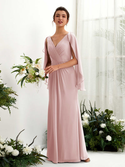 Carlyna Fourreau Col V Manches Cape Mousseline Robe de demoiselle d'honneur Rose Poussiéreux #couleur_rose-poussi-reux