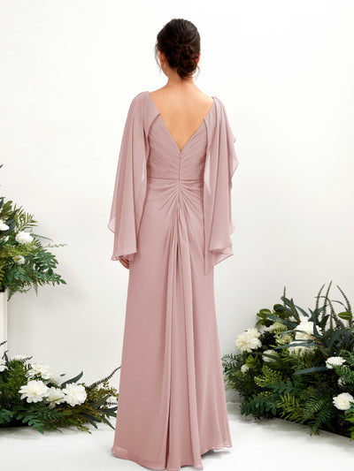 Carlyna Fourreau Col V Manches Cape Mousseline Robe de demoiselle d'honneur Rose Poussiéreux #couleur_rose-poussi-reux