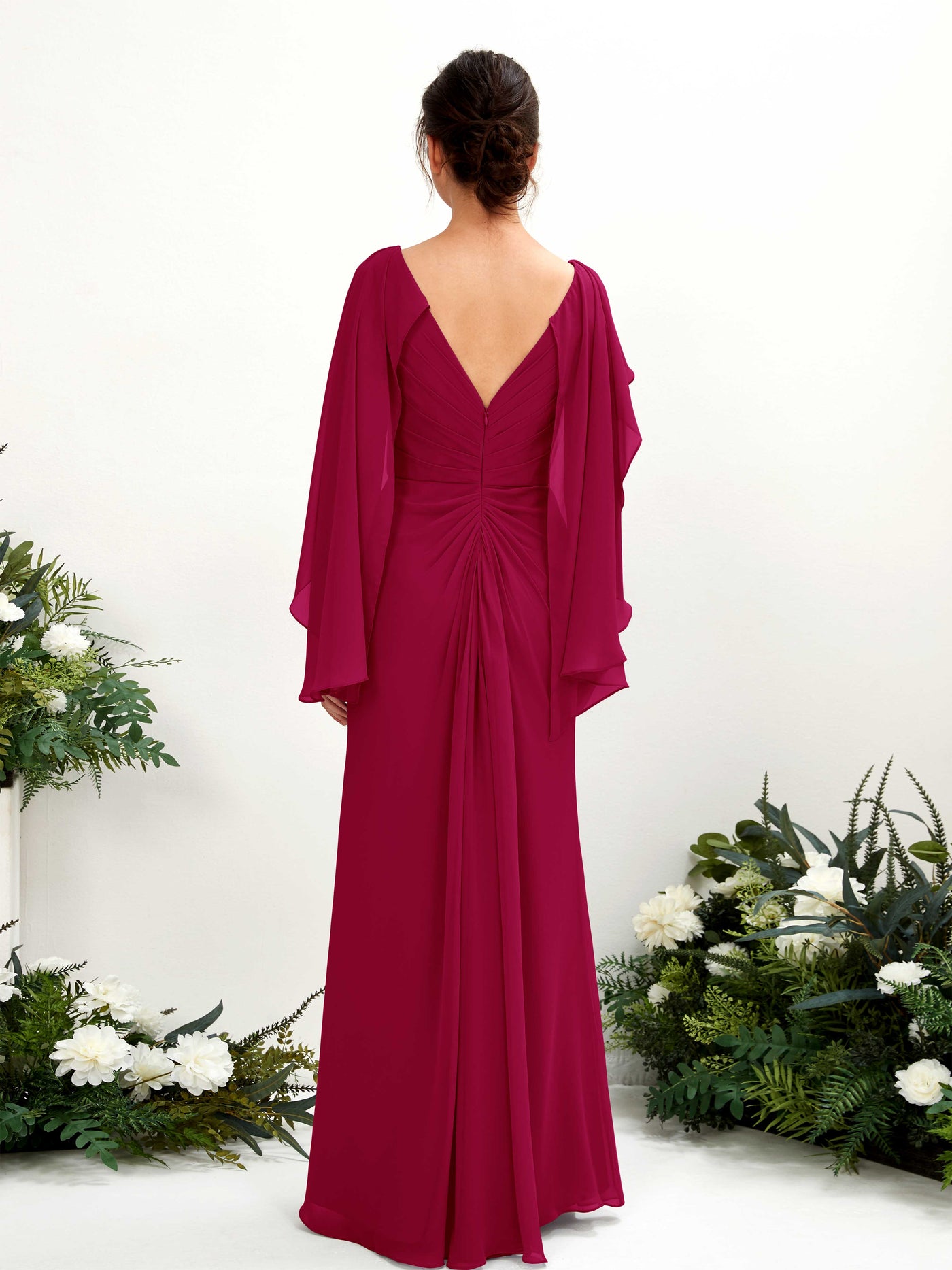 Carlyna Fourreau Col V Manches Cape Mousseline Robe de demoiselle d'honneur Rouge Bouffon #couleur_rouge-bouffon