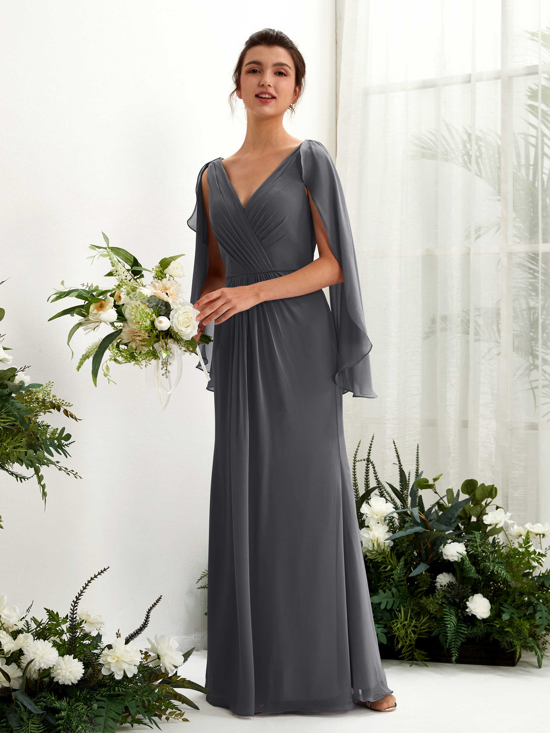 Carlyna Fourreau Col V Manches Cape Mousseline Robe de demoiselle d&