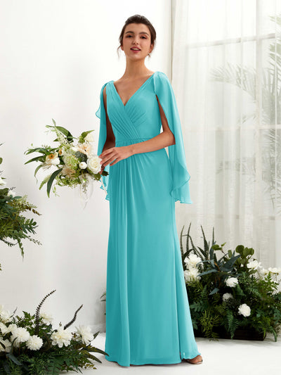 Carlyna Fourreau Col V Manches Cape Mousseline Robe de demoiselle d'honneur Turquoise #couleur_turquoise