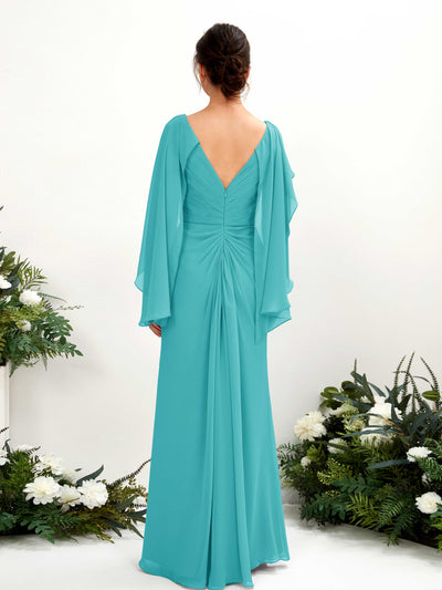 Carlyna Fourreau Col V Manches Cape Mousseline Robe de demoiselle d'honneur Turquoise #couleur_turquoise