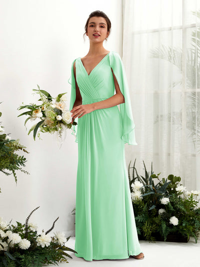 Carlyna Fourreau Col V Manches Cape Mousseline Robe de demoiselle d'honneur Vert Menthe #couleur_vert-menthe