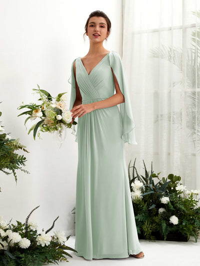 Carlyna Fourreau Col V Manches Cape Mousseline Robe de demoiselle d'honneur Vert Sauge Foncé #couleur_vert-sauge-fonc
