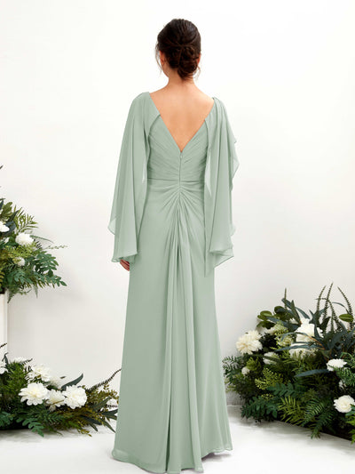 Carlyna Fourreau Col V Manches Cape Mousseline Robe de demoiselle d'honneur Vert Sauge Foncé #couleur_vert-sauge-fonc