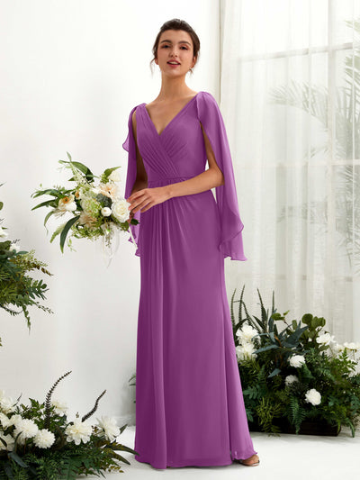 Carlyna Fourreau Col V Manches Cape Mousseline Robe de demoiselle d'honneur Violet #couleur_violet