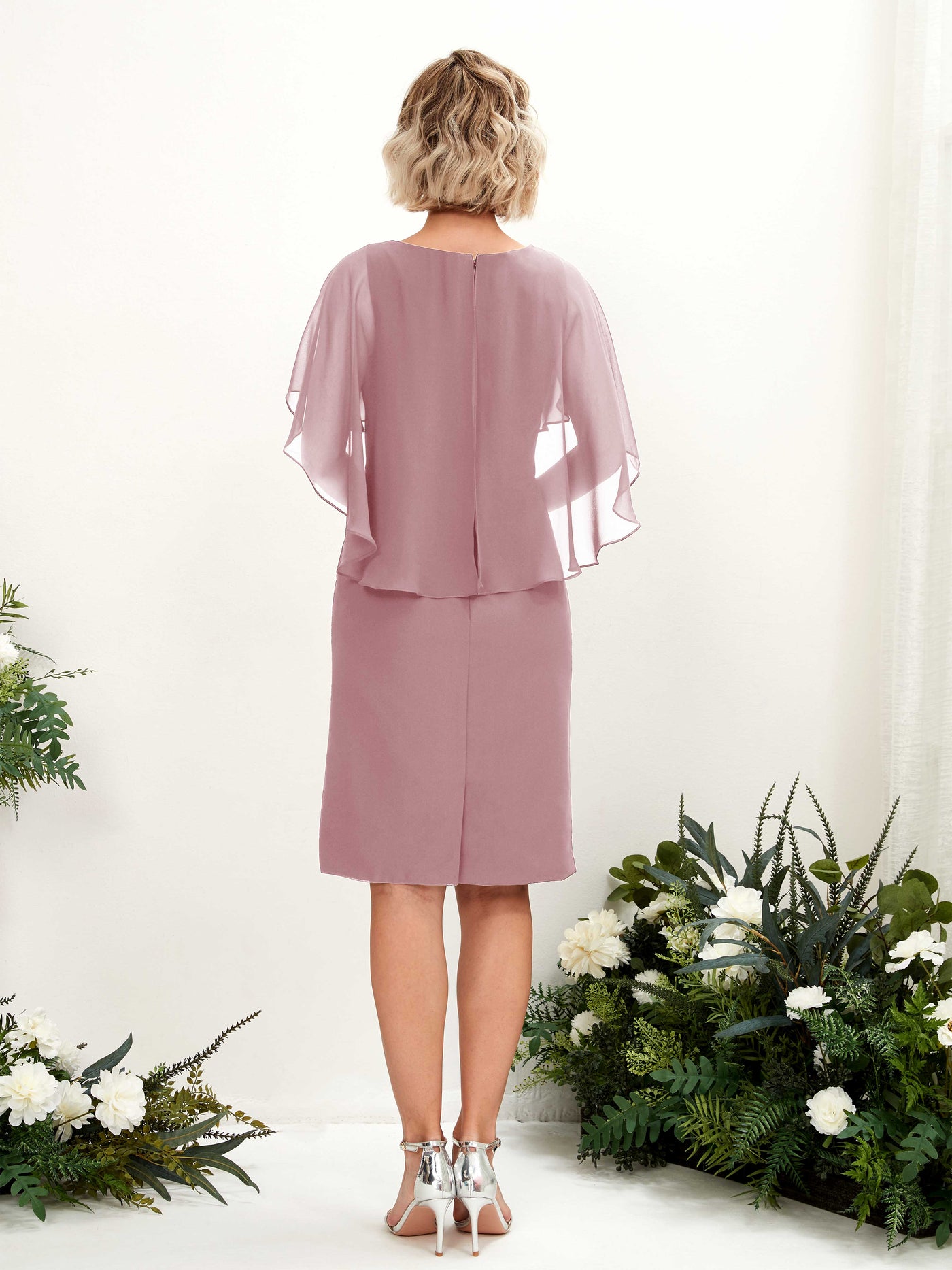 Carlyna Fourreau Col V Manches Cape Robe à genou Mousseline Mauve Vintage #couleur_mauve-vintage
