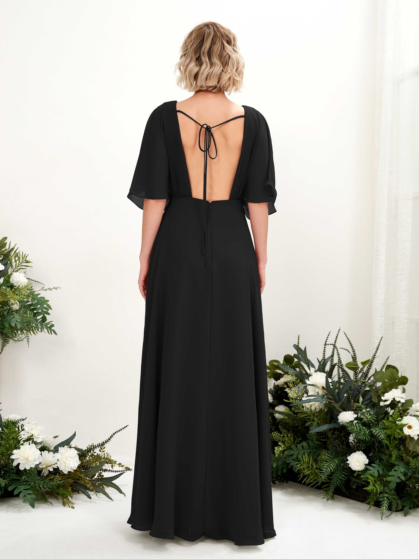 Carlyna Fourreau Col V Manches Courtes Robe de demoiselle d'honneur Longueur ras du sol Noir #couleur_noir