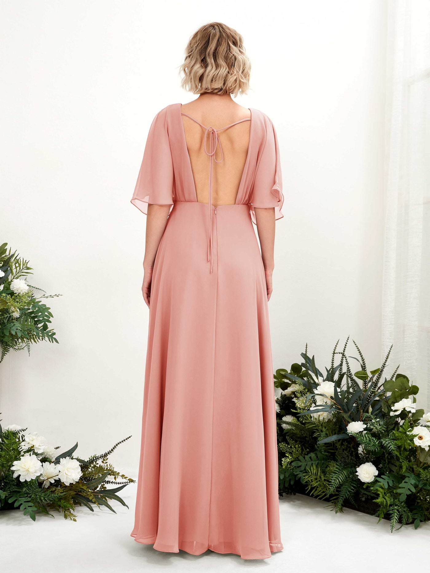 Carlyna Fourreau Col V Manches Courtes Robe de demoiselle d'honneur Longueur ras du sol Rose Champagne #couleur_rose-champagne