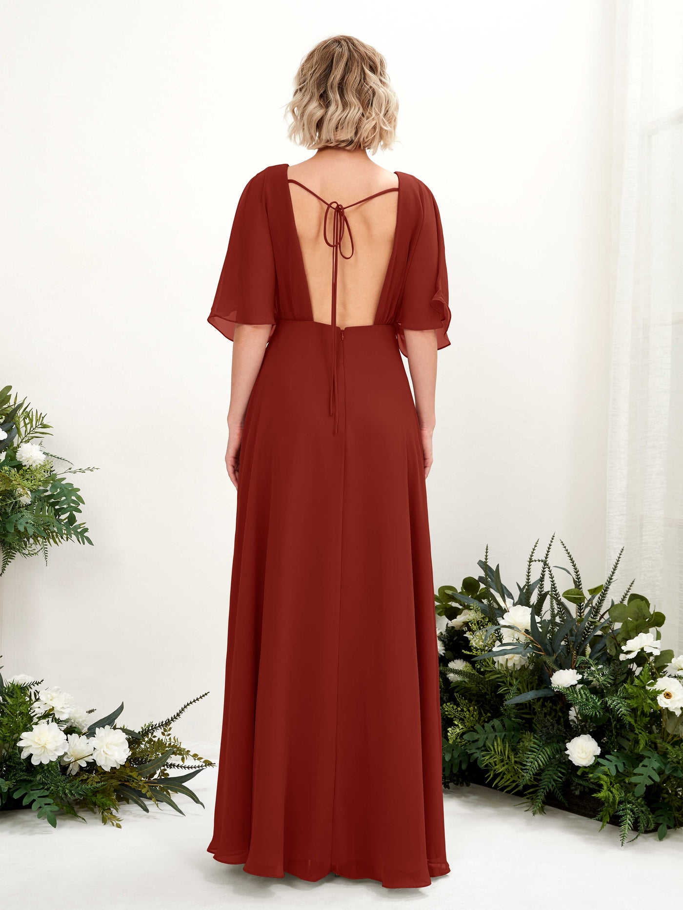 Carlyna Fourreau Col V Manches Courtes Robe de demoiselle d'honneur Longueur ras du sol Rouille #couleur_rouille