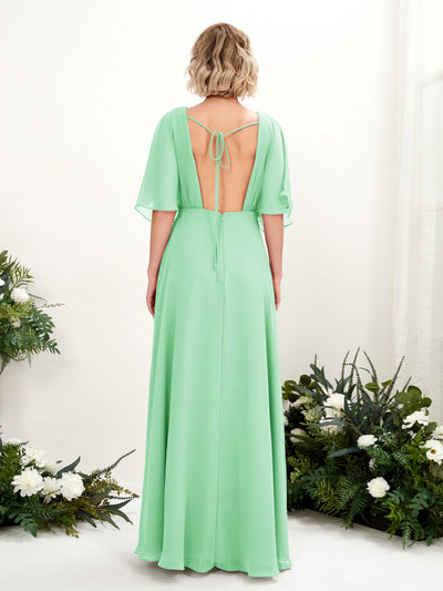 Carlyna Fourreau Col V Manches Courtes Robe de demoiselle d'honneur Longueur ras du sol Vert Menthe #couleur_vert-menthe