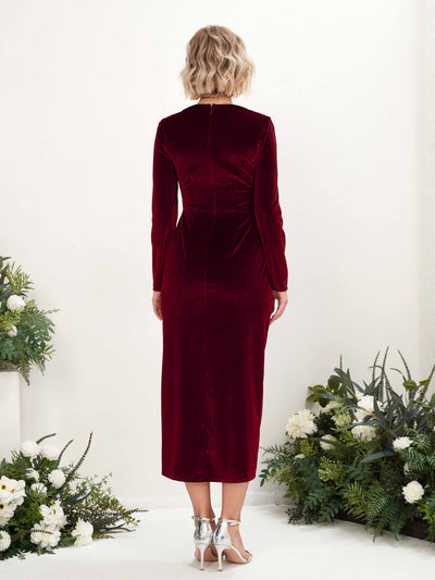 Carlyna Fourreau Col V Manches Longues Fente Longueur mollet Robe de demoiselle d'honneur Bordeaux #couleur_bordeaux