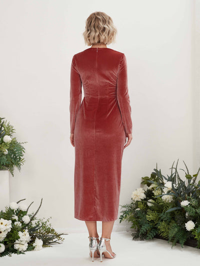 Carlyna Fourreau Col V Manches Longues Fente Longueur mollet Robe de demoiselle d'honneur Rose Poussiéreux #couleur_rose-poussi-reux