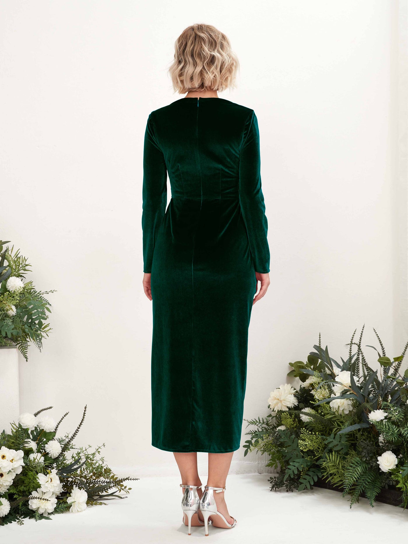 Carlyna Fourreau Col V Manches Longues Fente Longueur mollet Robe de demoiselle d'honneur Vert Chasseur #couleur_vert-chasseur