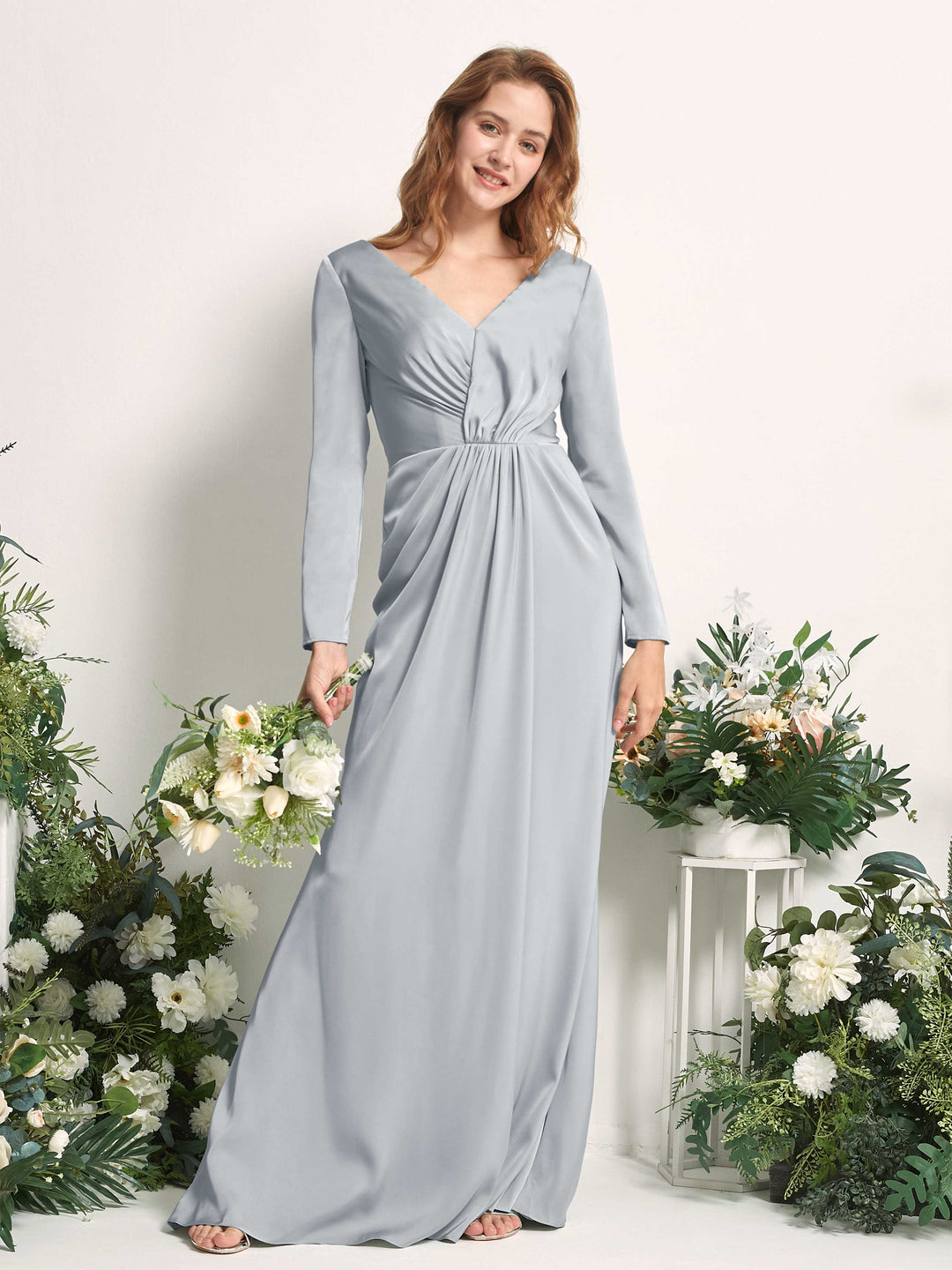 Carlyna Fourreau Col V Manches Longues Froncé Robes de demoiselle d&