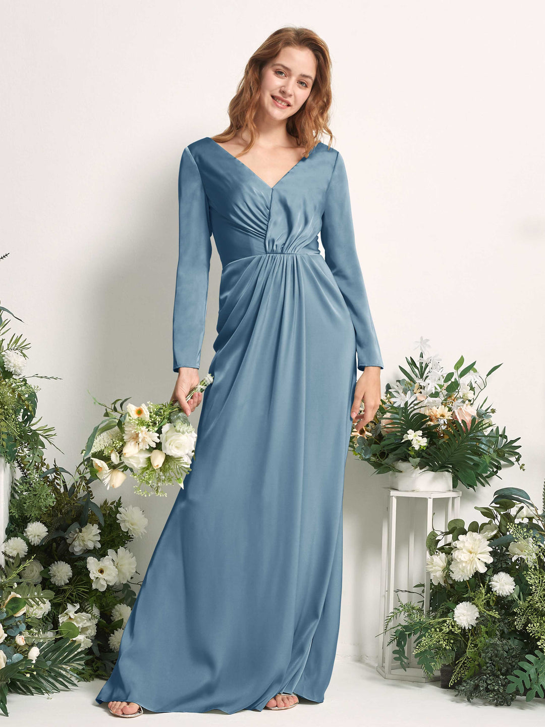 Carlyna Fourreau Col V Manches Longues Froncé Robes de demoiselle d&