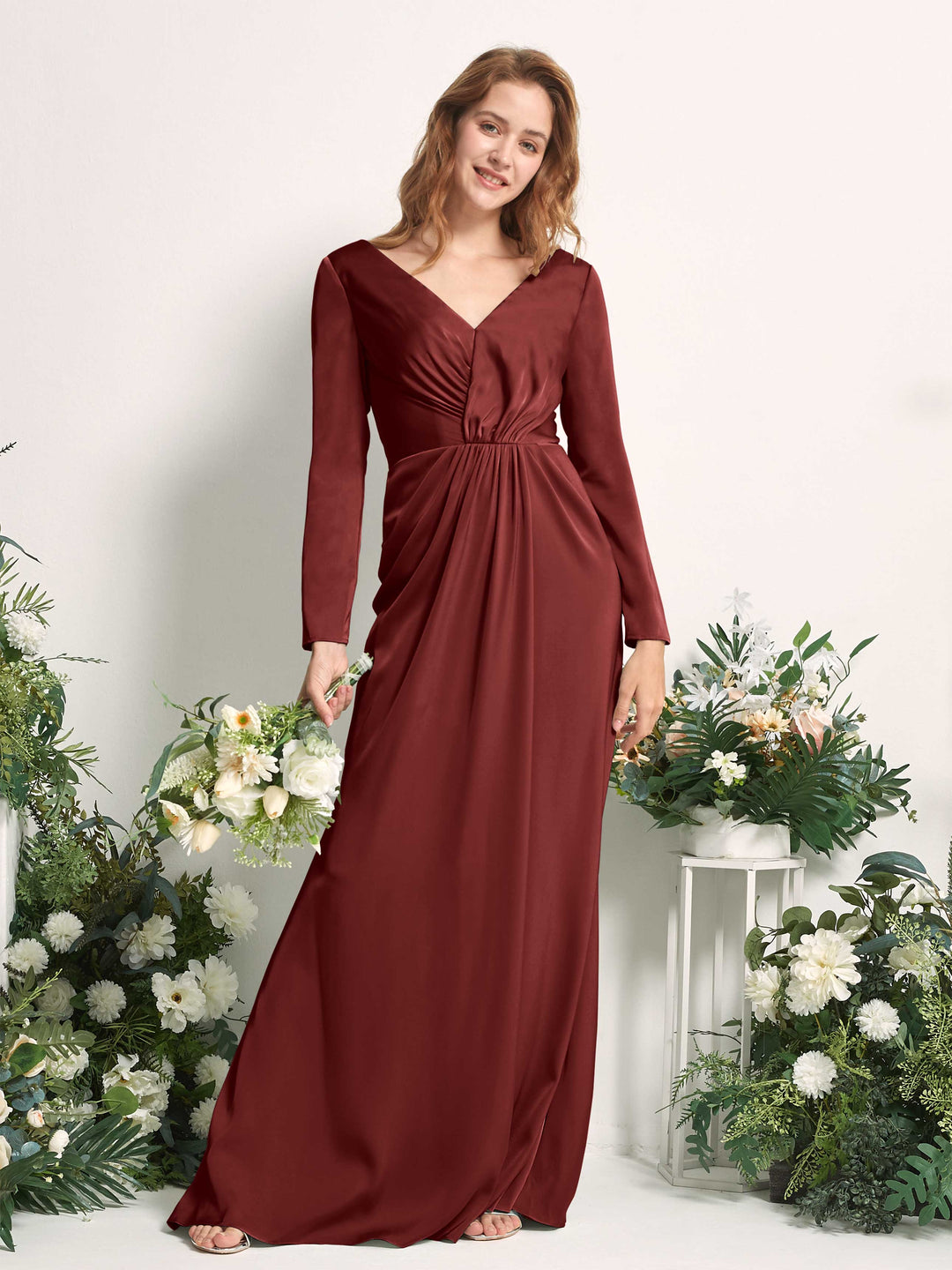 Carlyna Fourreau Col V Manches Longues Froncé Robes de demoiselle d&