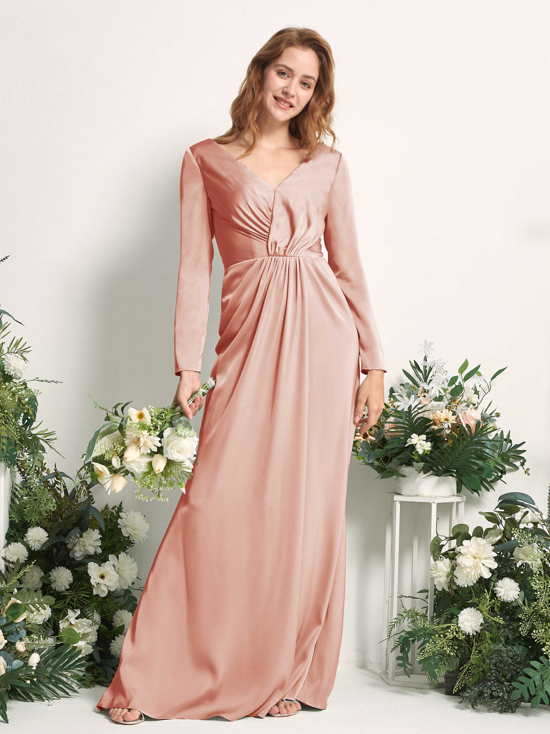 Carlyna Fourreau Col V Manches Longues Froncé Robes de demoiselle d&