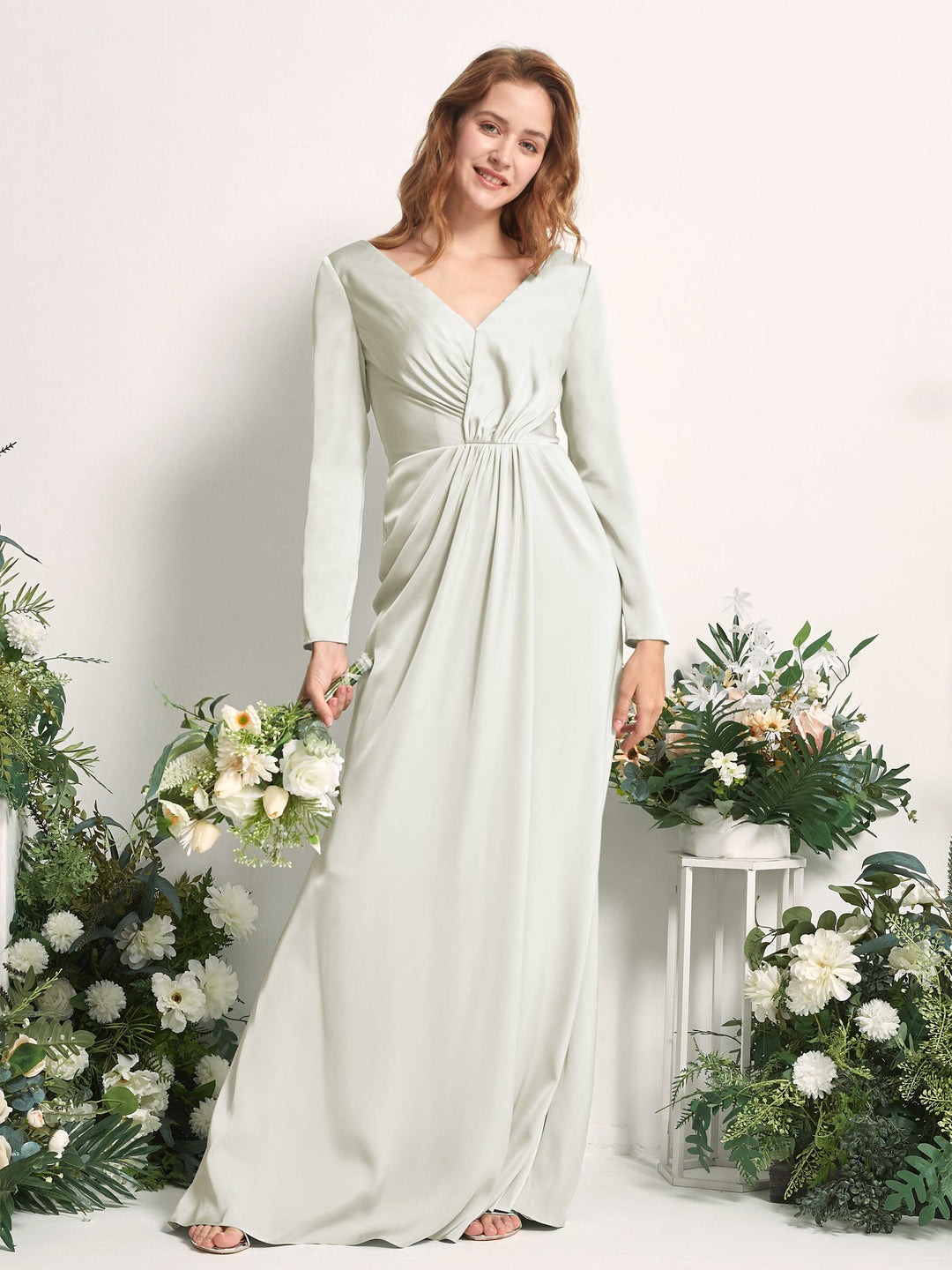 Carlyna Fourreau Col V Manches Longues Froncé Robes de demoiselle d&