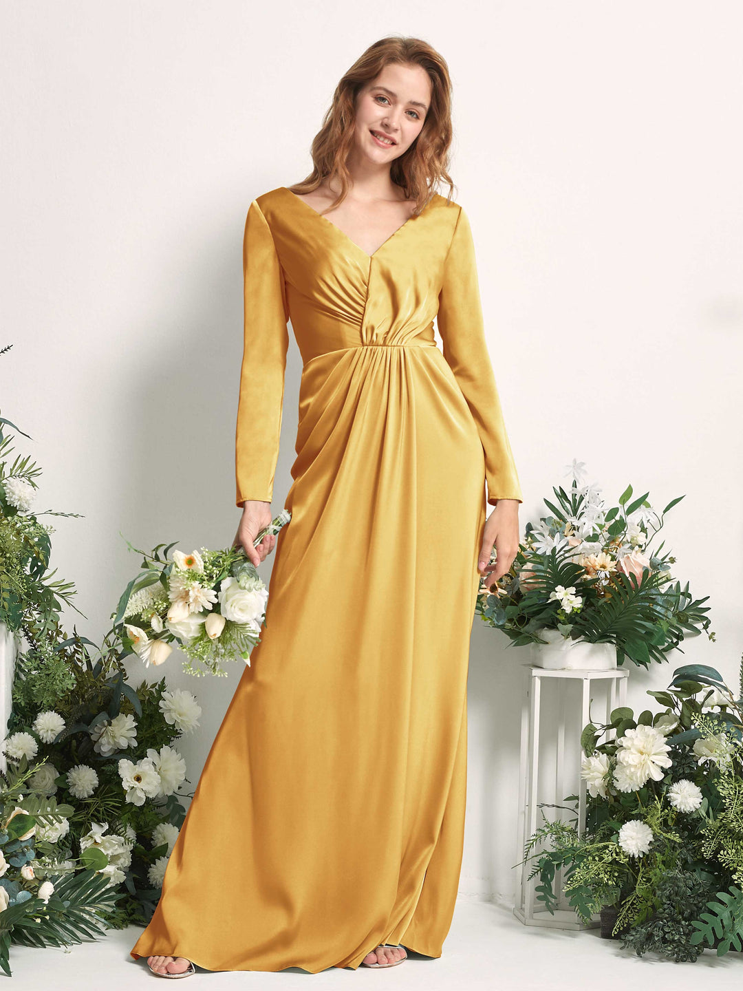 Carlyna Fourreau Col V Manches Longues Froncé Robes de demoiselle d&