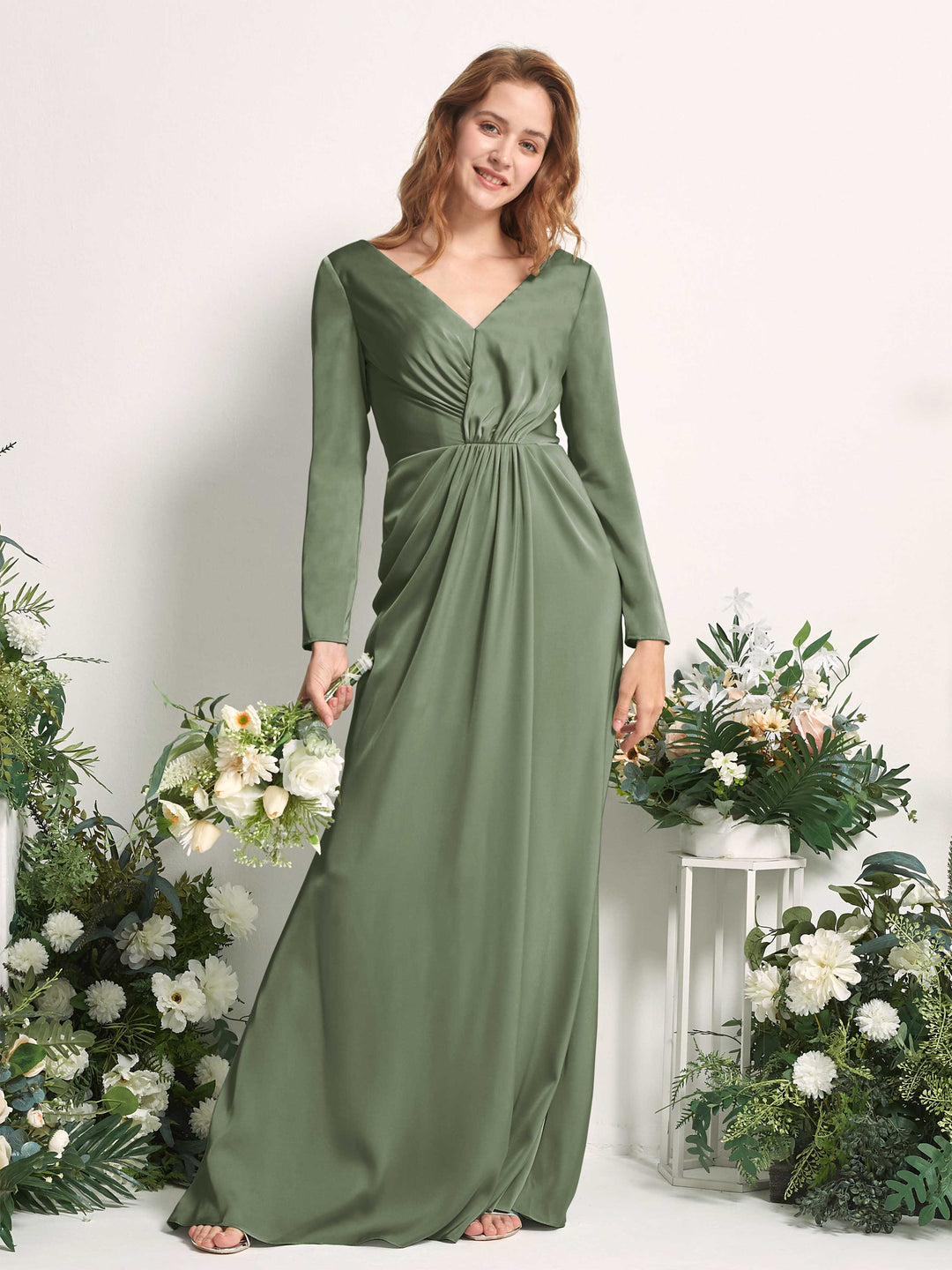 Carlyna Fourreau Col V Manches Longues Froncé Robes de demoiselle d&