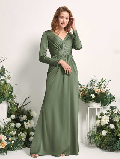 Carlyna Fourreau Col V Manches Longues Froncé Robes de demoiselle d'honneur Olive #couleur_olive