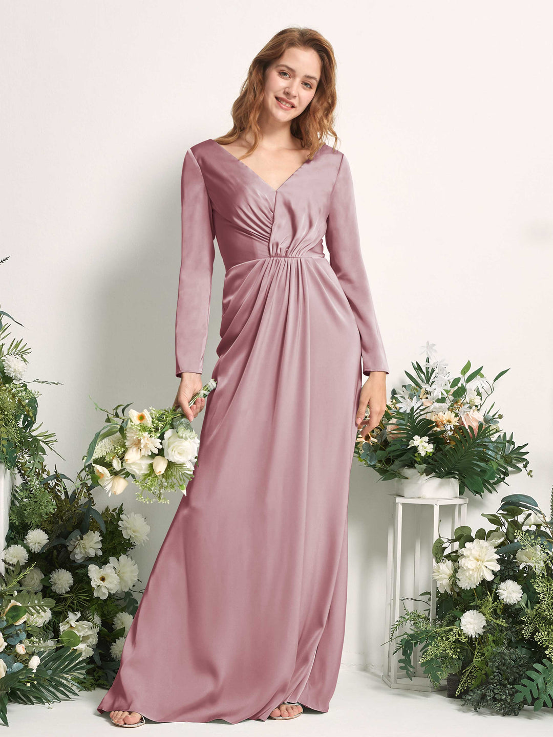 Carlyna Fourreau Col V Manches Longues Froncé Robes de demoiselle d&