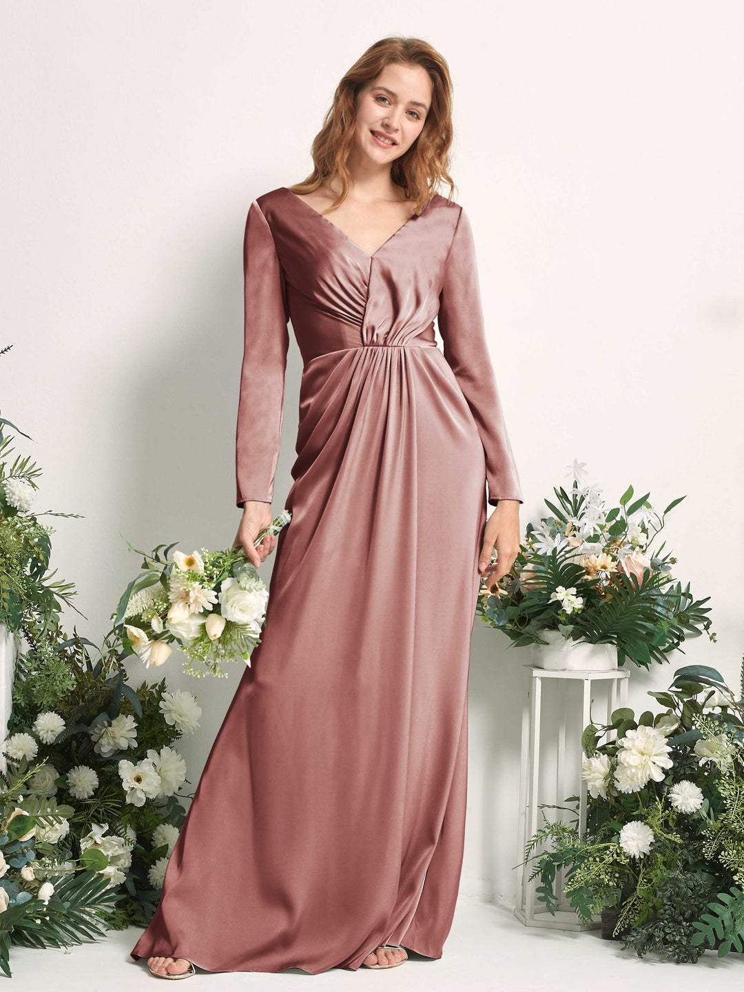 Carlyna Fourreau Col V Manches Longues Froncé Robes de demoiselle d&