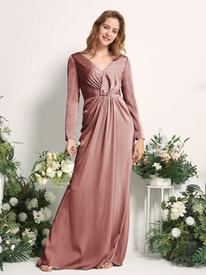 Carlyna Fourreau Col V Manches Longues Froncé Robes de demoiselle d&