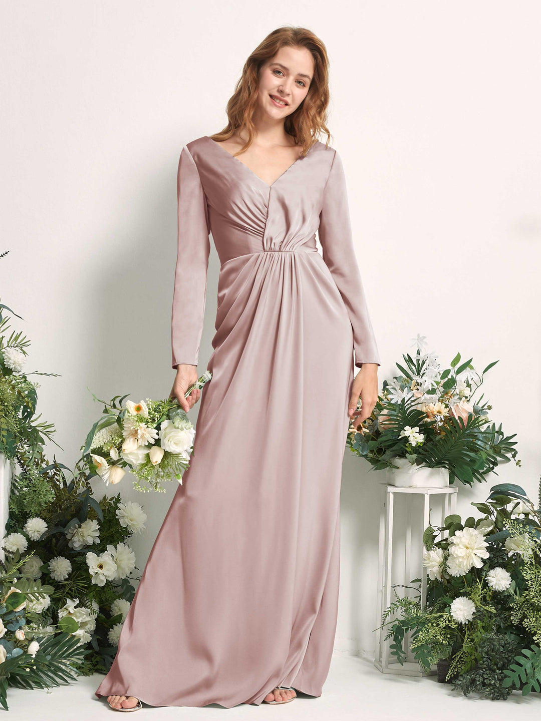 Carlyna Fourreau Col V Manches Longues Froncé Robes de demoiselle d&