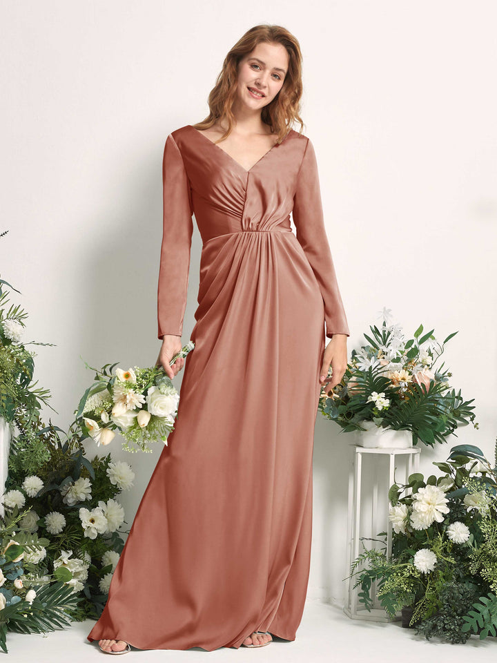 Carlyna Fourreau Col V Manches Longues Froncé Robes de demoiselle d&