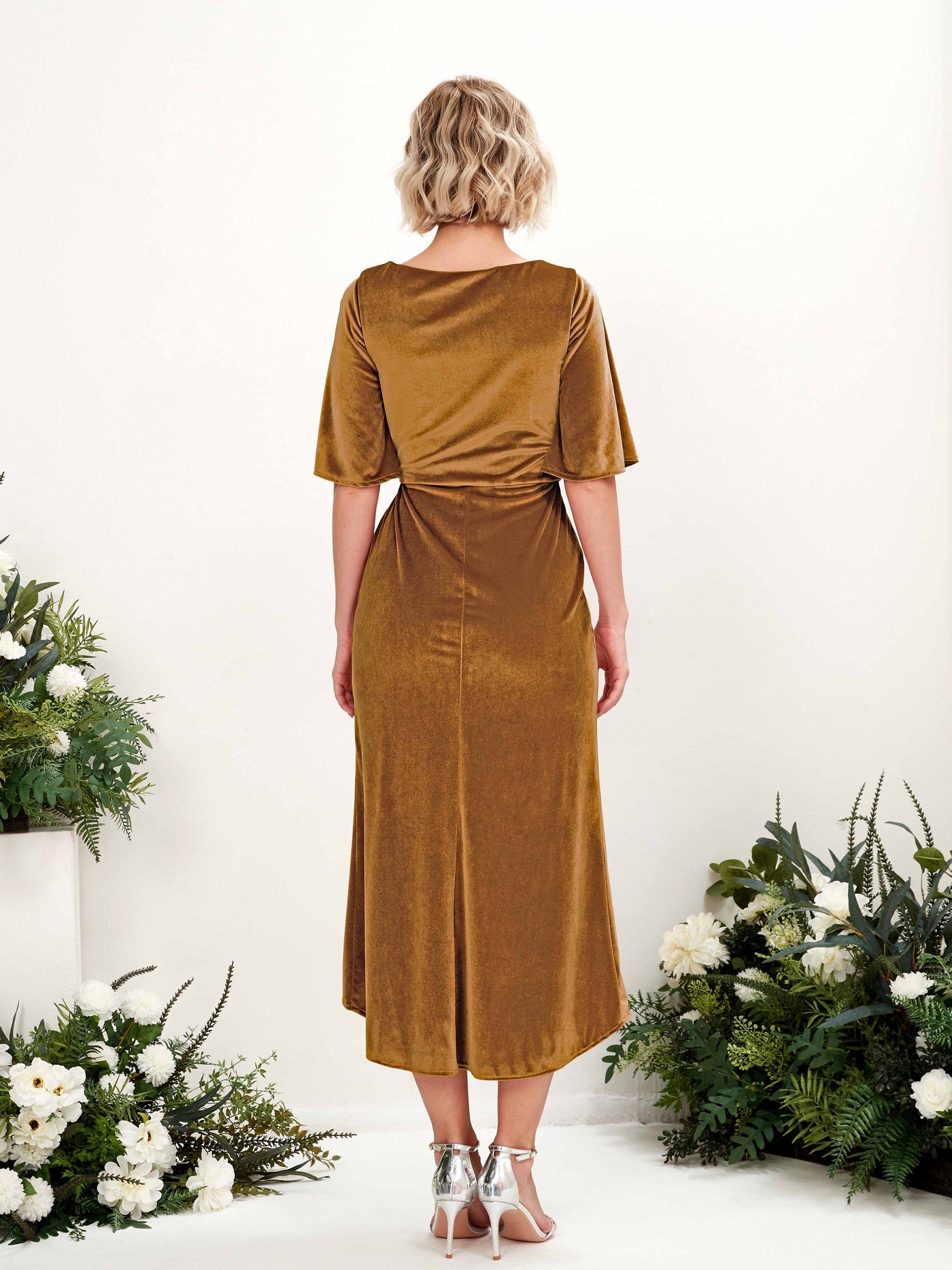 Carlyna Fourreau Col V Manches mi-longues Molleton Robes de demoiselle d'honneur Or Bruni #couleur_or-bruni