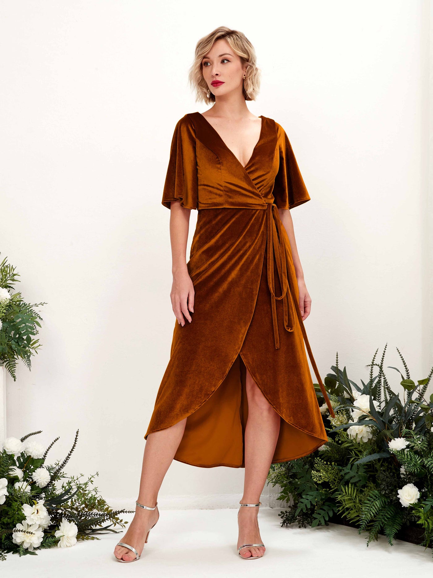 Carlyna Fourreau Col V Manches mi-longues Molleton Robes de demoiselle d'honneur Orange Brûlé #couleur_orange-br-l