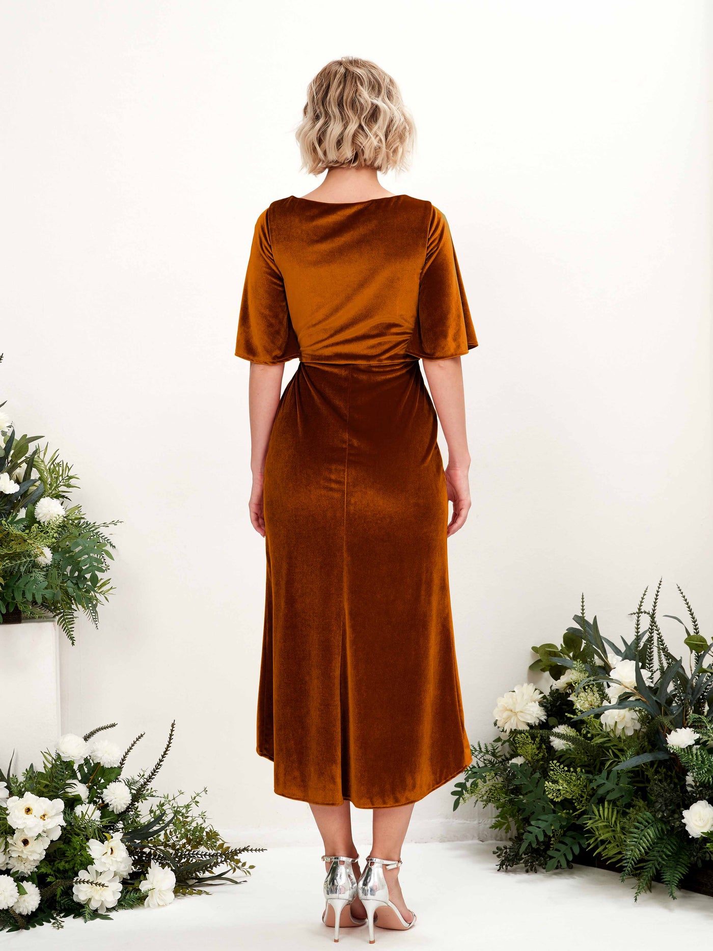Carlyna Fourreau Col V Manches mi-longues Molleton Robes de demoiselle d'honneur Orange Brûlé #couleur_orange-br-l