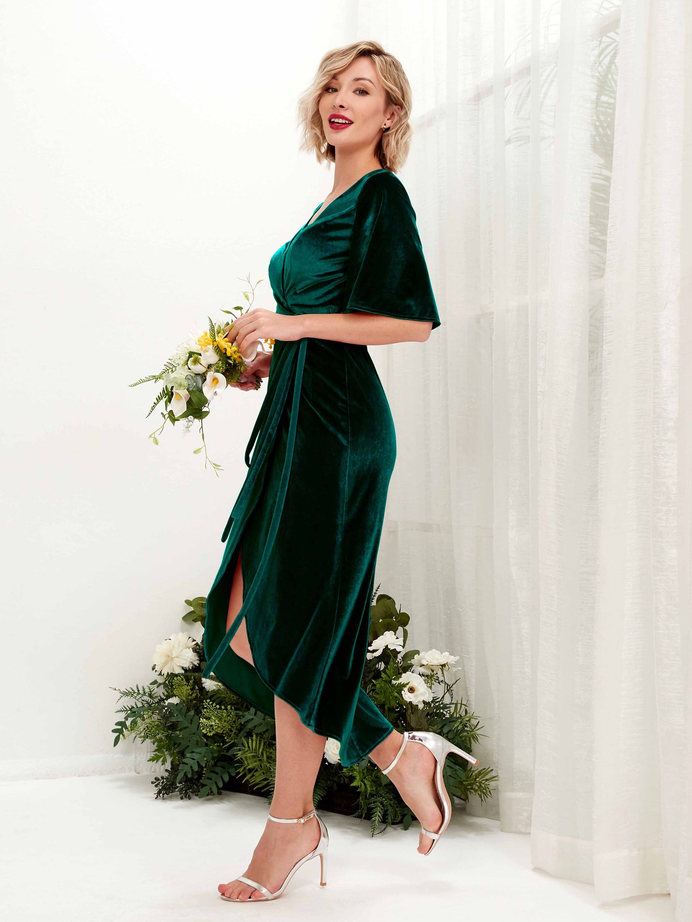 Carlyna Fourreau Col V Manches mi-longues Molleton Robes de demoiselle d'honneur Vert Chasseur #couleur_vert-chasseur