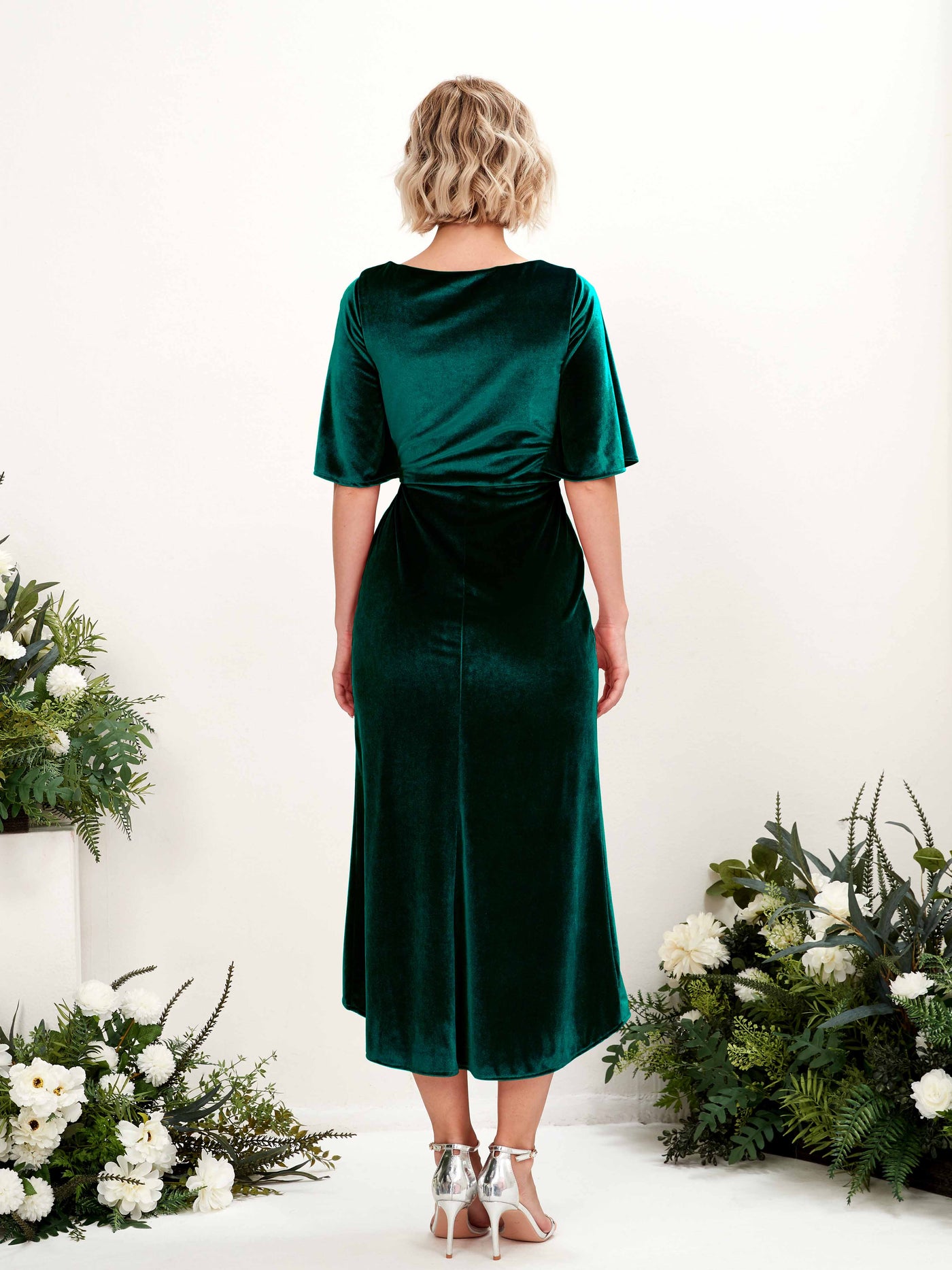 Carlyna Fourreau Col V Manches mi-longues Molleton Robes de demoiselle d'honneur Vert Chasseur #couleur_vert-chasseur