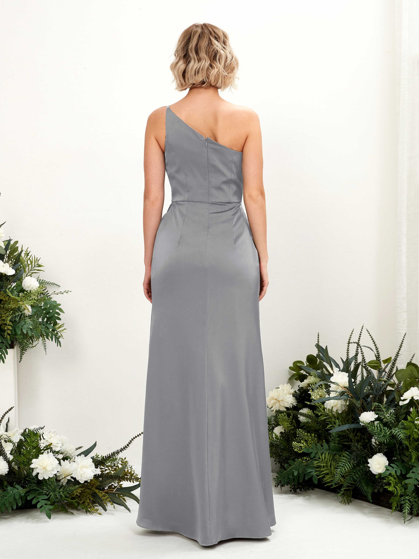 Carlyna Fourreau Décolleté Asymétrique Longueur ras du sol Froncé Robes de demoiselle d'honneur Gris Acier #couleur_gris-acier