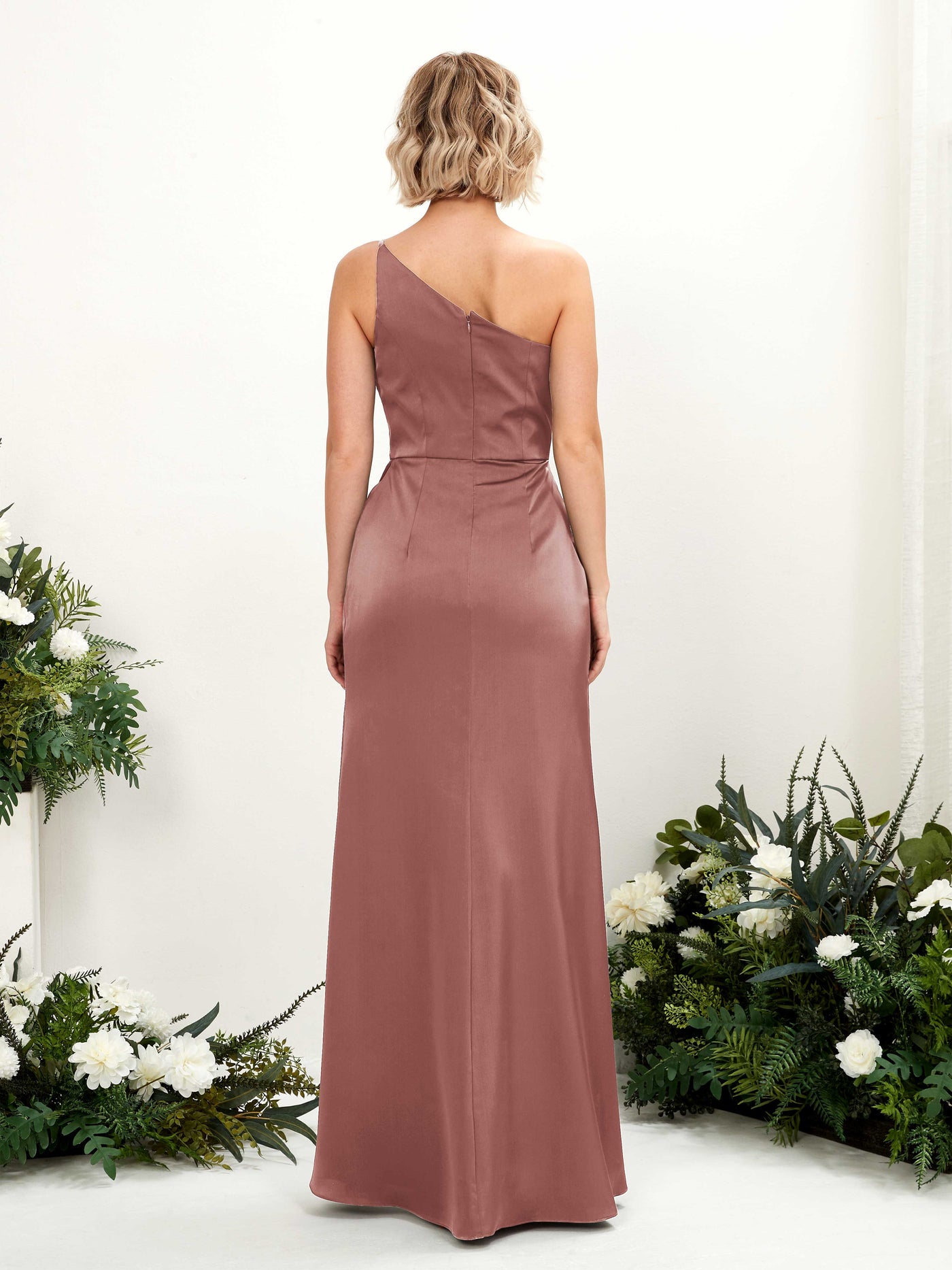 Carlyna Fourreau Décolleté Asymétrique Longueur ras du sol Froncé Robes de demoiselle d'honneur Rose Du Désert #couleur_rose-du-d-sert