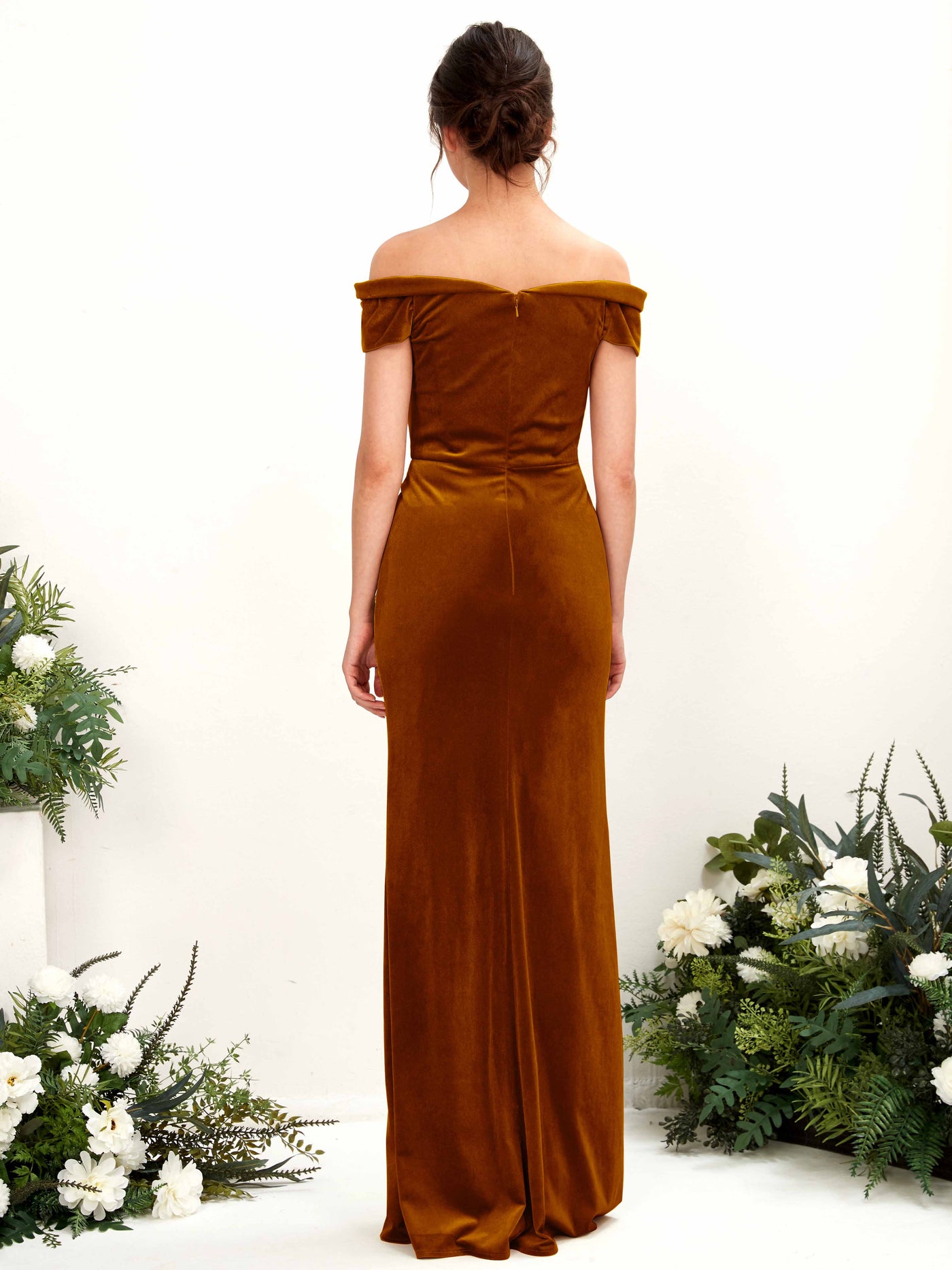Carlyna Fourreau Épaule Dénudée Longueur ras du sol Robe de demoiselle d'honneur Orange Brûlé #couleur_orange-br-l